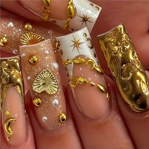 HOSAILY Gold Star Moon Press On Nails Medium Square - Semi-Handmade Fall Autumn/New Year Y2K Luxury False Fake Nail for Women, Gold Metal Heart Charms Design-24Pcs Durable Flexible Full Kit with Tools