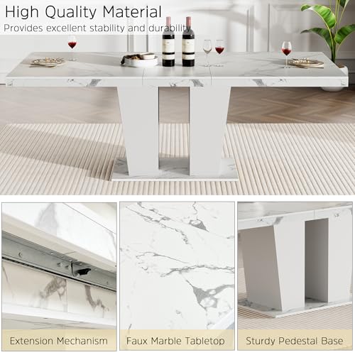 Image of 9 Piece Extendable Dining Table Set for 8, Expandable Kitchen Table Chairs Set for 8, 78.74 inch White Faux Marble Table with Black Velvet Chairs, Modern Dining Room Table Set for Family Gathering
