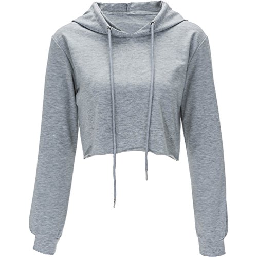 Sudaderas con Capucha Cortas Mujer Crop Top Hoodies Sudadera Pullover Sudaderas Anchas Deportivas Chica Camisetas de Manga Larga Jerseys Dama Camisas Bonitas Casual Tops Color Puro Gris S Cover