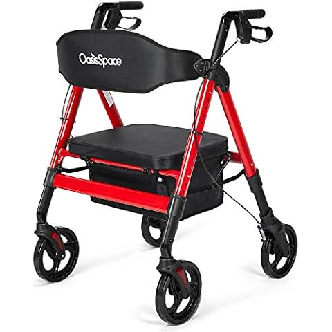 OasisSpace Heavy Duty Rollator Walker - Bariatric Rollator Walker with Large Seat for Seniors Support Up 450 lbs (Red) Cover