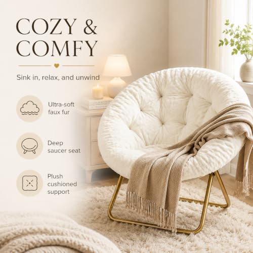 Image of Simple Deluxe Saucer Chair, Round Foldable Reading Chairs, X-Large Size Cozy Papasan Chair, Comfy Furry Padded Moon Chair, Round Dorm Chairs for Bedroom Living Room, White