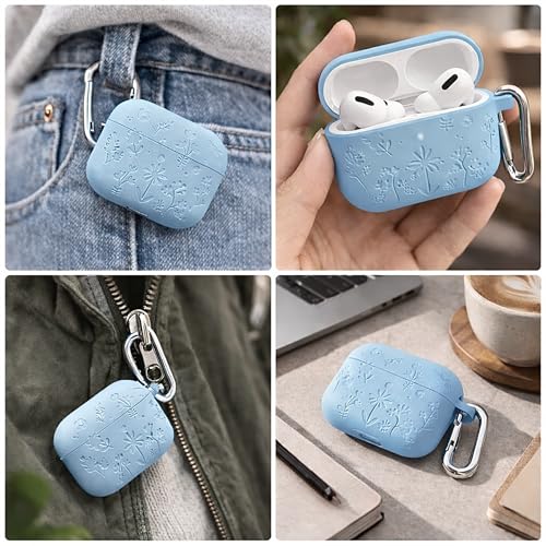 Image of Emoh Roced Case for Airpods Pro 3,Silicone Flower Engraved Cases Compatible with Apple AirPods Pro 3rd Generation 2025, Shockproof, Anti-Scratch, Protective Case Cover (Sky Blue, for AirPods pro 3)