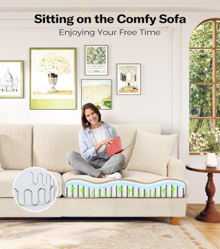 Image of Kidirect 87in Corduroy Couch, 3 Seater Sofa, Sofas & Couches, Beige Couch | No Tool Assembly, Comfy Couches for Living Room, Oversized Loveseat Sofa, 21in Deeper Seat, Sofas for LIving Room & 2 Pillows