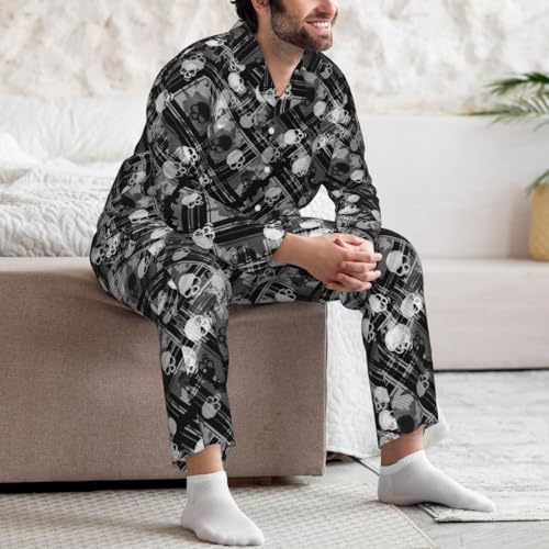 Mens Pajamas Set - Black And White Skulls Long Sleeve Sleepwear Nightwear Pjs Lounge Pajama Sets For Men4