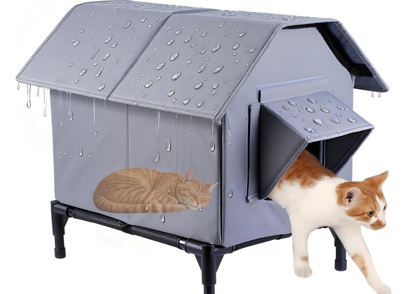 Cat House Waterproof, Elevated Insulated Weatherproof Outside Winter Pet House, Oxford Cloth Elevated Cat Shelter, Feral Cat Shelter for Garage, Porch, Park and Residential Area