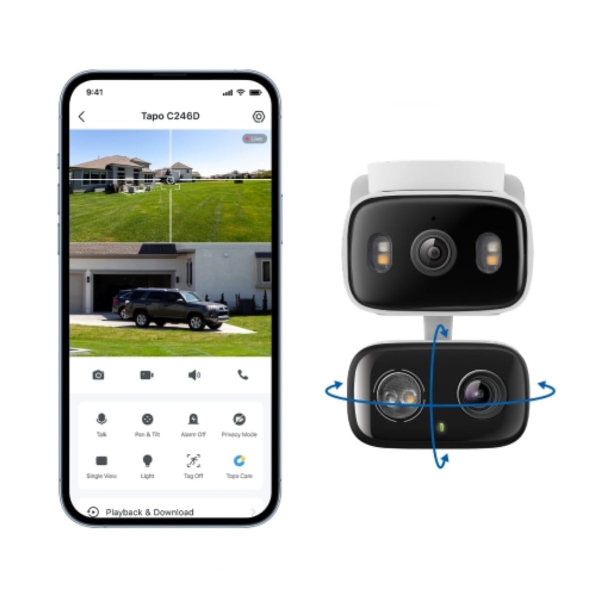 TP Link Tapo C246D - Cámara de seguridad de doble lente para interiores y exteriores (2 K, 3 MP)