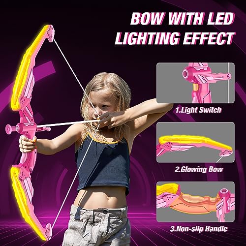 image for HYES Bow and Arrow for Kids, LED Light Up Archery Set with 12 Suction 