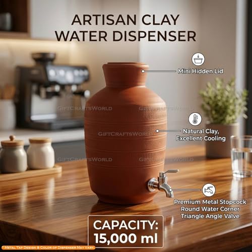 Image of 15 L Mitti Matka for Water with Tap - Natural Cool Clay Pot Dispenser, Traditional Drinking Pani Ka Matka, Earthen Ke Wala Vessel and Summer Hydration