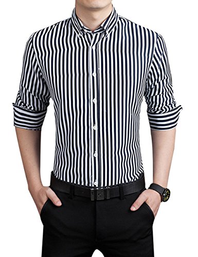 Men's Casual Business Vertical Striped Button Down Long Sleeve Dress Shirts
