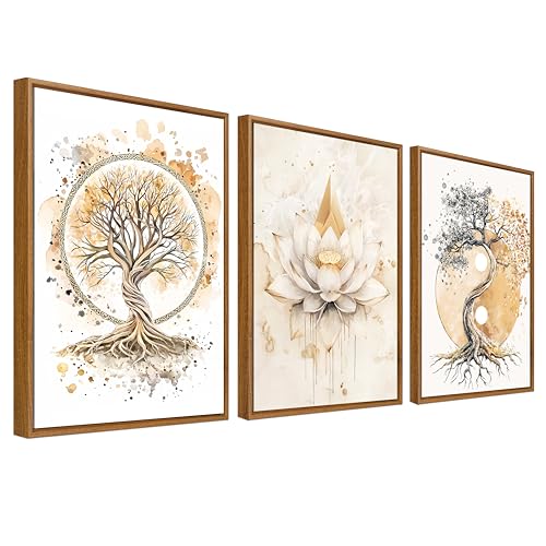 3 Pcs Lebensbaum Yin Yang Leinwand Bilder Set Mit Rahmen Wandposter Zen Buddhismus Beige Lotusblume Baum Bild Wandbilder Wohnzimmer Schlafzimmer Badezimmer Wanddeko 30x40cm x3pcs (Ohne Acrylglas)