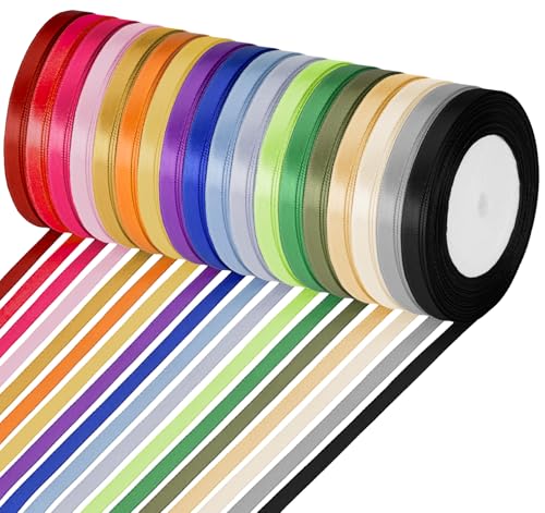 ABSOFINE 18 Colors 392 Yards Satin Ribbon Polyester 1/4 inch Solid Fabric Ribbon Roll for Gift Wrapping DIY Crafts Wedding Christmas Birthday Party Decorations