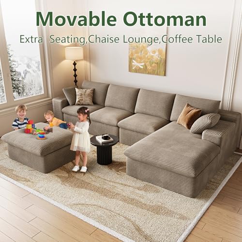 Image of 136 inch W Cloud Couch Modular Sectional Sofa for Living Room, U-Shape Boneless Couch with Deep Seat, Modern Corduroy 4-Seater with Ottoman, No Assembly Required (Camel Brown,Right-Facing Chaise)