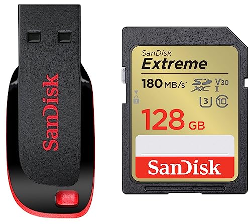 Image of SanDisk Extreme SD UHS I 128GB Card for 4K Video for DSLR and Mirrorless Cameras 180MB /s Read & 90MB /s Write & SDCZ50-128G-I35 USB2.0 128 GB Pen Drive (Red and Black)