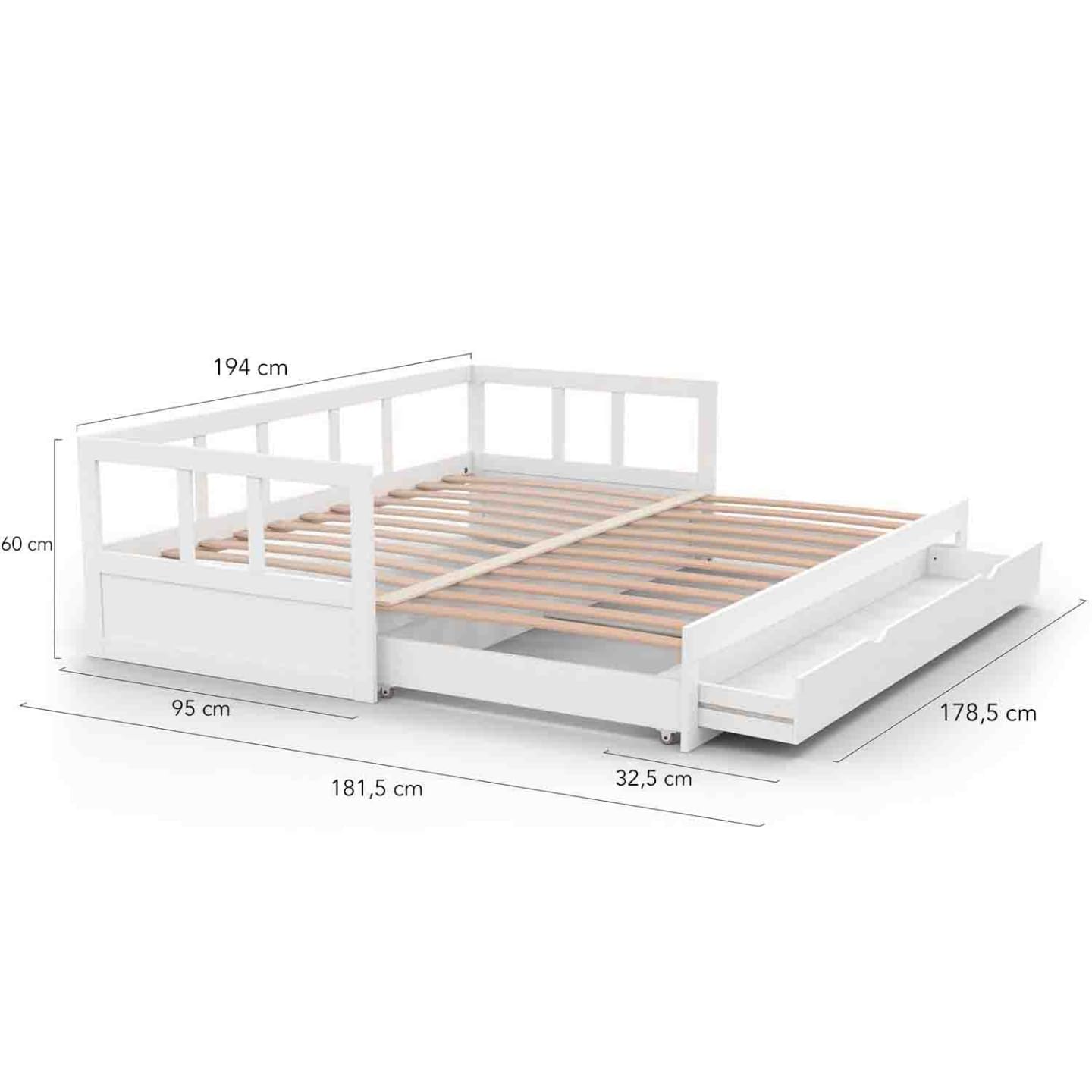 IDMarket Zoya Convertible Cama Banqueta 90 x 190 cm, 180 x 190 cm, color blanco con 1 cajón de almacenamiento