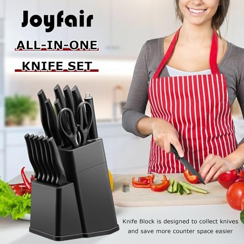 Joyfair Kitchen Knife Set, 15 Pieces Carbon Stainless Steel Kitchen Knife Block Set, Professional Sharp Cutting Tool Set for Chopping/Dicing/Slicing Steak Bread Fish Vegetable, Rust Free, Black - Image 4