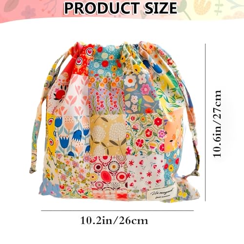 Vintage Floral Drawstring Makeup Bag,Toiletries Travel Bag Organizer with Durable Cotton Fabric Retro Coquette Aesthetic Cosmetic Pouch for Women Girls Pouches for Jewelry (Multi-colored floral grid)3