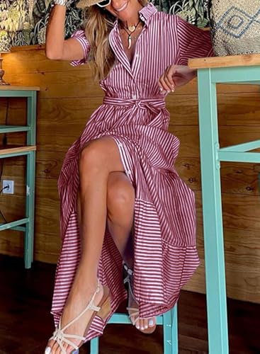 Image of Women Summer Striped Maxi Long Button Down Short Sleeve Tie Waist Tiered Casual Dress