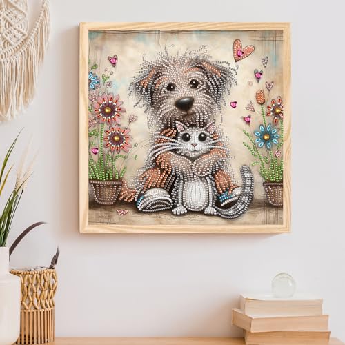 Image of AiYuanzsh 5D Special Shape Diamond Art Kits for Beginners, Diamond Art Painting Kits for Adults, Crystal Rhinestones Diamond Art Painting for Home Wall Decoration Gift 12x12 inch, Cat and Dog