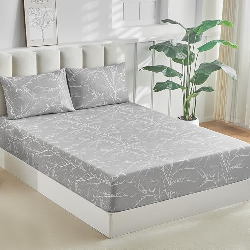 Tokokimo Queen Size Fitted Sheet with 2 Pillowcases, Gray & White Branches by Tokokimo - Used condition - US$21.49