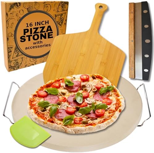 Large Pizza Stone for Oven 16 inch - Round Pizza Stone for Grill with Handles, Wood Pizza Peel and Cutter Set - Baking Stone for Bread - Pizza Making Kit Accessories - Gifts for Food Lovers