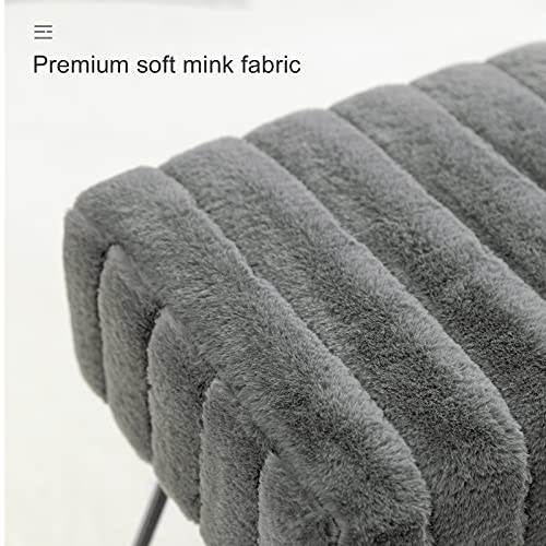 Modern Mink Square Footstool Ottoman Bench, Grey Faux Fur Vanity Stool With Black Legs, Comfy Vanity Chair Entryway Bench, Makeup Stools For Vanity, Plush Fluffy Footrest For Bedroom, Living Room #TOP3