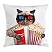 ABAKUHAUS Cine Funda para Almohada, Gato con Palomitas de Maíz y Bebida Mirando una Película Gafas Cine Diversión, con Estampas Digitales Personalizadas Lavable, 60 x 60 cm, Multicolor