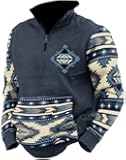 Cowboy Hoodies for Men Western Style Aztec Hoodie Vintage Sweatshirt Casual Long Sleeve Half Zip Pullover