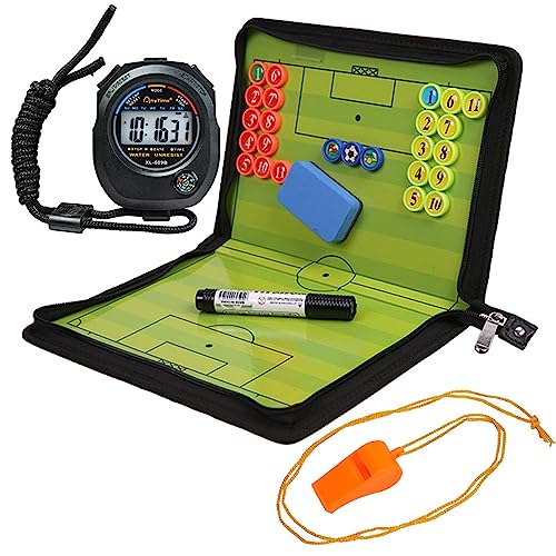 Taktiktafel Fußball, Coaches Taktikboard Fussball, Tragbar Trainer Taktikmappe, Klappbar Trainermappe mit Magnetische Große Schachfiguren, Stoppuhr Timer, Schiedsrichter Pfeifen, Schwamm, Marker