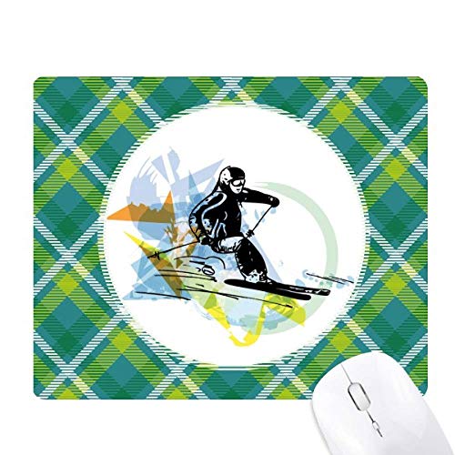 スポーツ選手のフリースタイルスキー冬の水彩画 緑の格子のピクセルゴムのマウスパッド