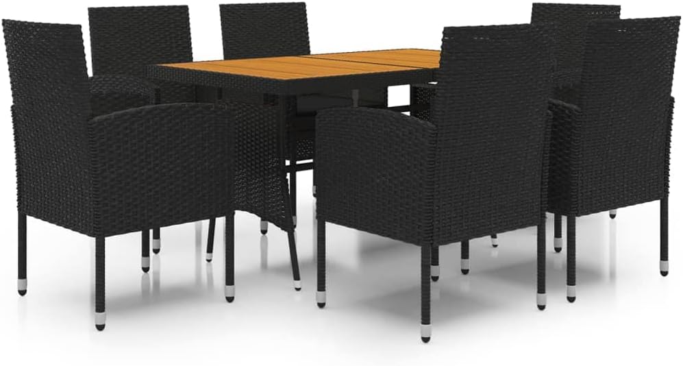 vidaXL Black Poly Rattan 7 Piece Patio Dining Set with Comfortable Cushioned Chairs and Solid Acacia Wood Table – Outdoor Furniture