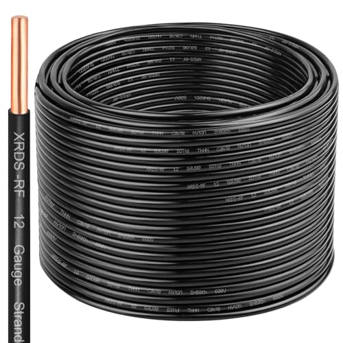 Image of THHN Wire 250 FT, Single Bare Copper Conductor, 12AWG Black Electrical Wire, Solid Building Wire 600V Nylon Sheath Cable for Indoor /Outdoor Applications