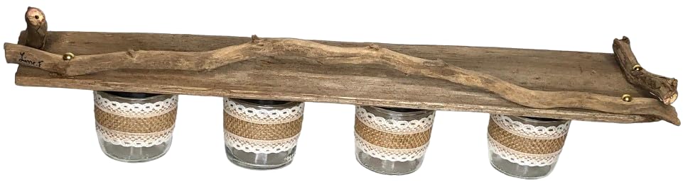Étagère en bois flotté et toile de jute n°481 support mural écoresponsable 4 pots