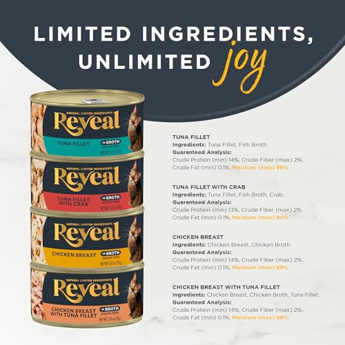 Image of Reveal Fish & Chicken Variety in Broth Wet Cat Food 20-Pack 2.47 oz Cans | 100% Natural, High Quality Protein, Limited Ingredient, Grain Free, No Fillers, No Artificial Additives, No By-Products