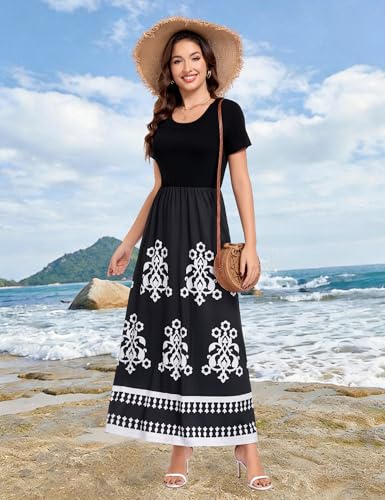 Image of Lacavocor Womens Short Sleeve Maxi Dresses Empire Waist Long Dress