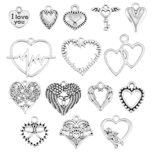 SUNNYCLUE 1 Box 90Pcs 15 Styles Valentines Day Heart Charms Bulk Love Charms Heart Charm Hearts Shape Charm Tibetan Style Alloy Love Sweet for jewellery Making DIY Craft Wedding Gift