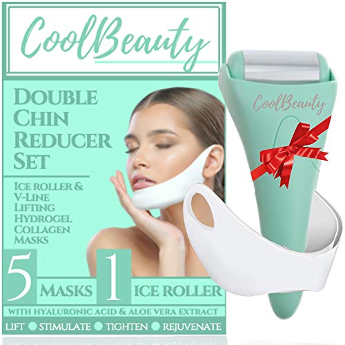 Double Chin Reducer Face Slimmer - Chin Strap V Line Lifting Mask & Ice Roller Kit | 5 Pcs Chin Mask Double Chin Eliminator | Ice Roller for Face & Chin Strap for Double Chin for Women Kit