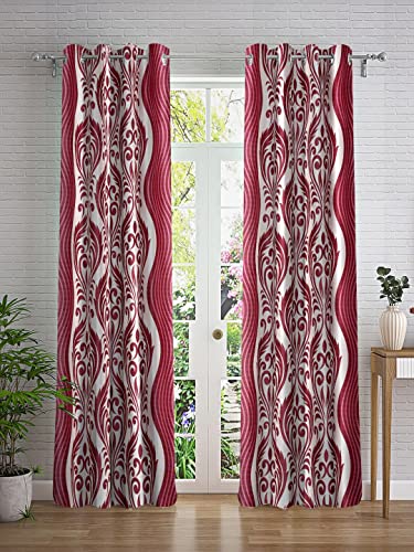 Image of Cortina 2 Piece Leaf Design Panel Eyelet Polyester Window Curtains - 5 Feet, Maroon
