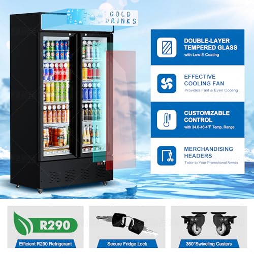 Image of Commercial Display Refrigerator Glass Door 30 cu.ft Commercial Beverage Refrigerators with LED and Shelves for Cafe, Restaurant, Store
