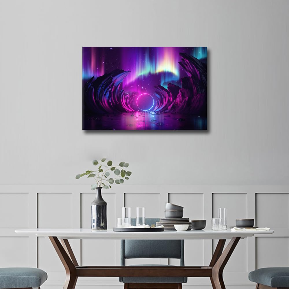 TISHIRON Neon Light Wall Paintings for Living Room Cosmic Landscape Modern Office Wall Art Aurora Borealis Large Wall Decor for Bedroom Artwork Giclee Wall Decoration Framed Ready to Hang - Image 2