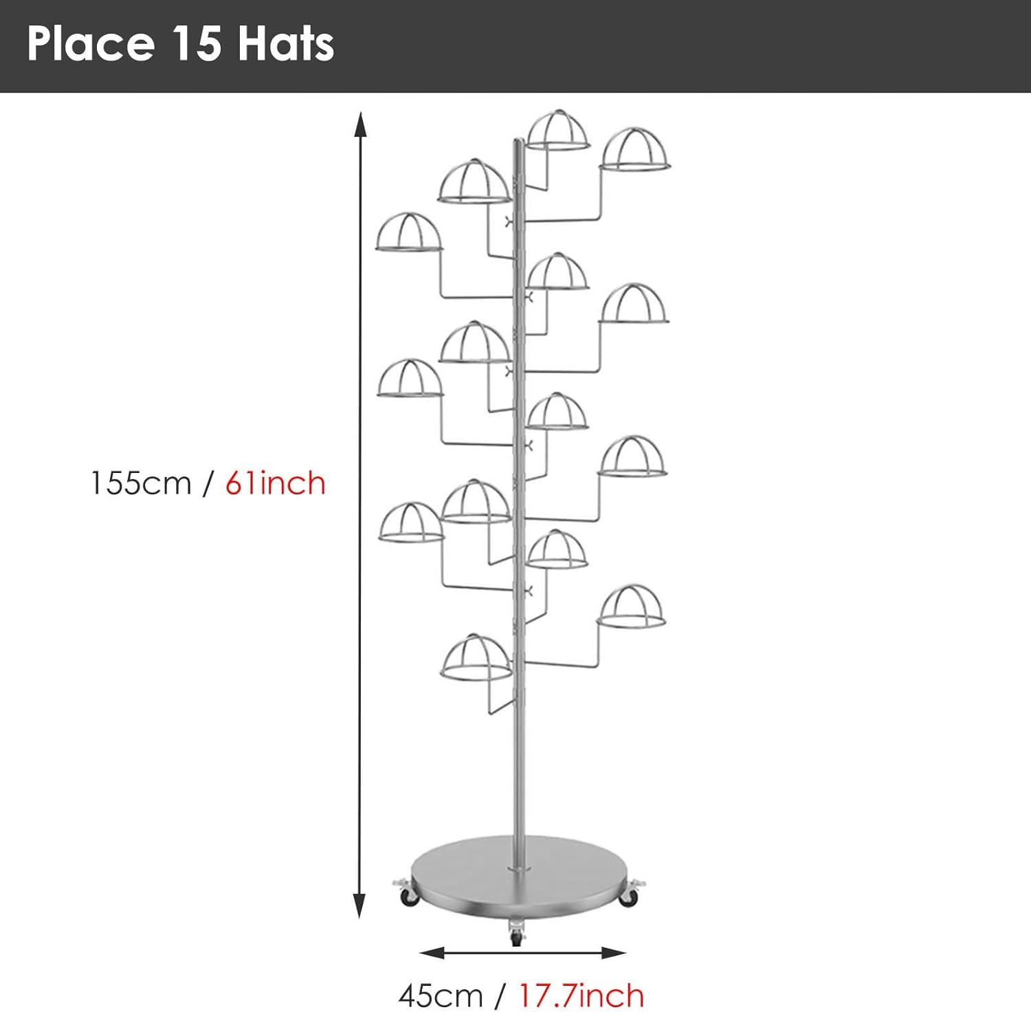 Hat Display Stand Movable Hat Display Racks, Large Capacity Hat Holder, Metal Heavy Duty Storage Organizer for Baseball Caps/Cowboy Hats,Black-Place 15 Hats