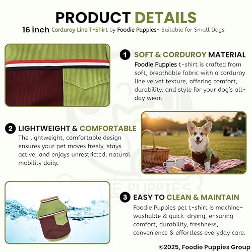 Image of Foodie Puppies Corduroy Line Velvet Pocket T-Shirt Warm Sweater Jacket - (16 inch, Olive & Maroon) for Small Breeds Dogs | Soft, Lightweight Pet Apparel | Stylish, Comfortable, Durable, Stretchable