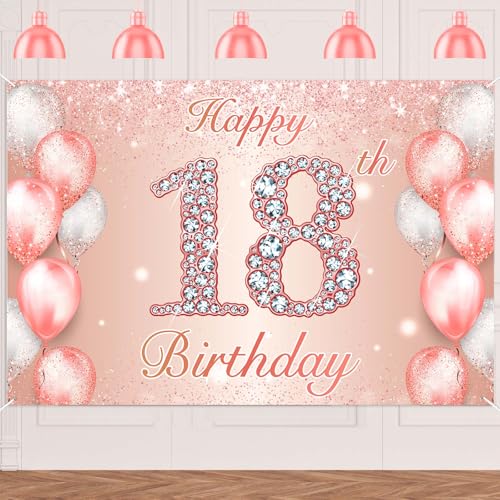 Image of Happy 18th Birthday Rose Gold Banner Cheers to 18 Years Old Backdrop Confetti Balloons Theme Decor for Girls 18 Years Old Pink Birthday Party Decorations Bday Supplies Background Favors Gift Glitter