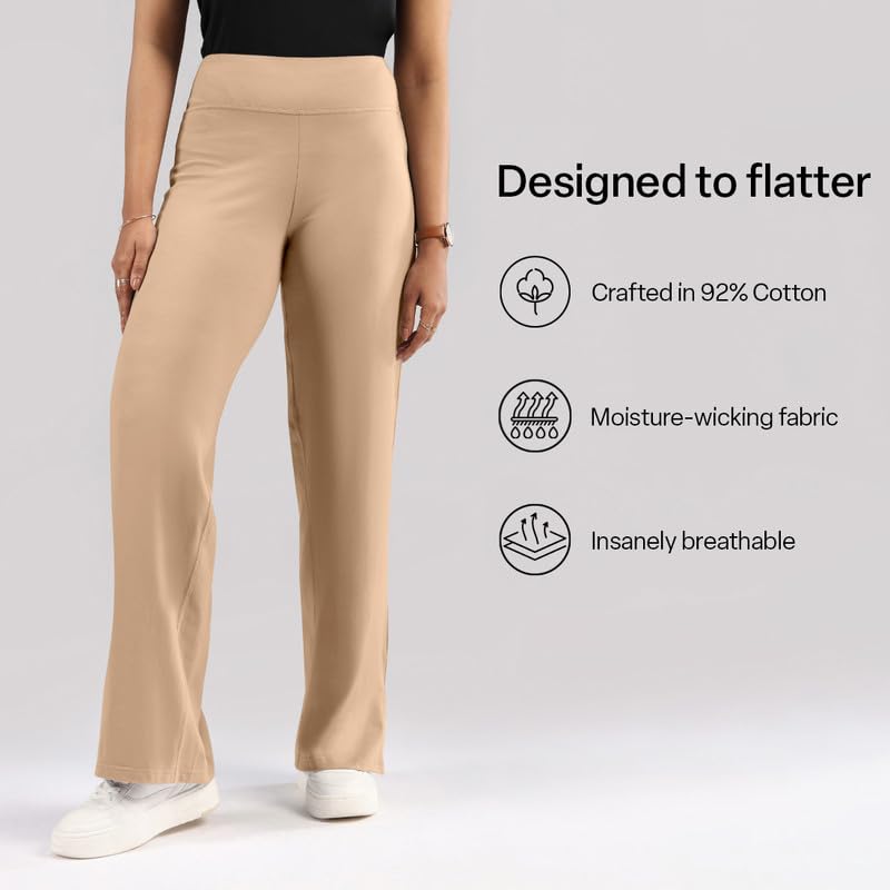 Image of BlissClub AM:PM Cotton Wide Leg Pants - Lite, Cotton Pants, Wide Waistband, Slit at Hem, Side Pockets, Regular (for Women Upto 5'4 ft)