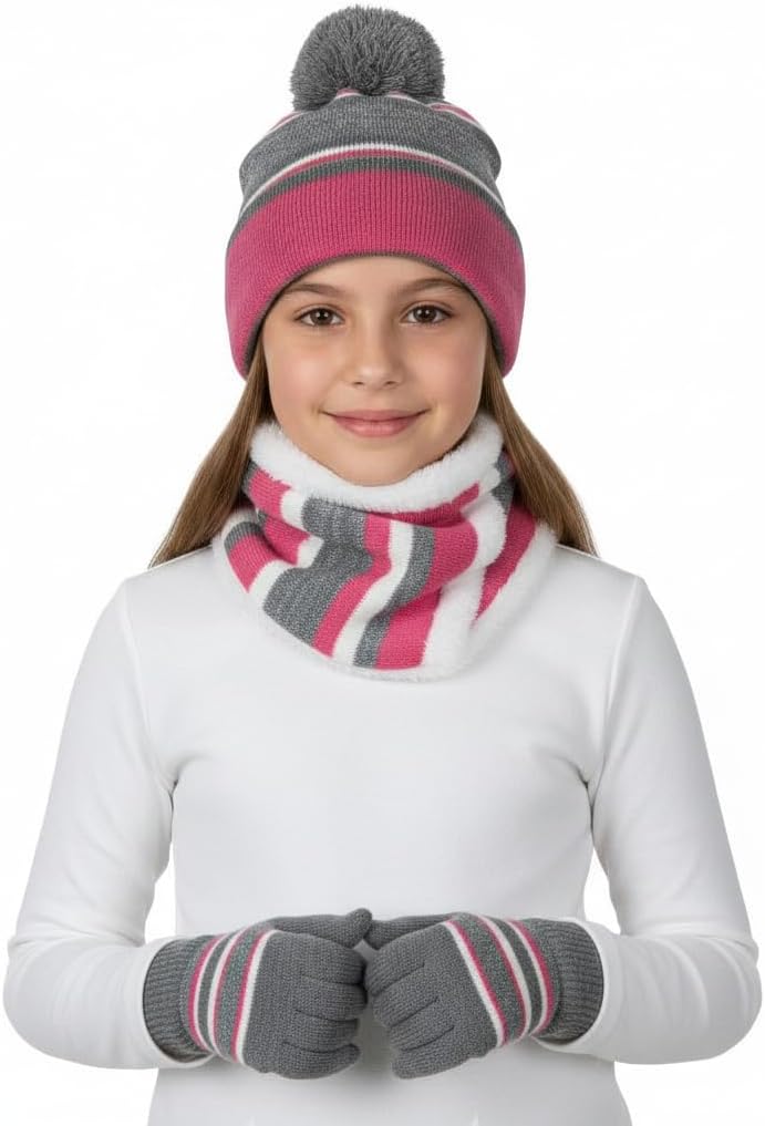 A2Z 4 Kids Girls Hat Scarf Gloves Set Knitted Scarf Beanie Pom Pom Cap Gloves Set Durable Cozy Accessories Sets