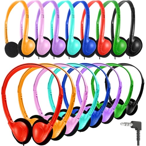 Bulk Headphones 25 Pack for Kids School Classroom Wholesale Wired Adjustable On Ear Earphones Class Set for Students Children Toddler Teens Boys Girls and Adult Computer 3.5mm Jack (HY857 25 Mixed)