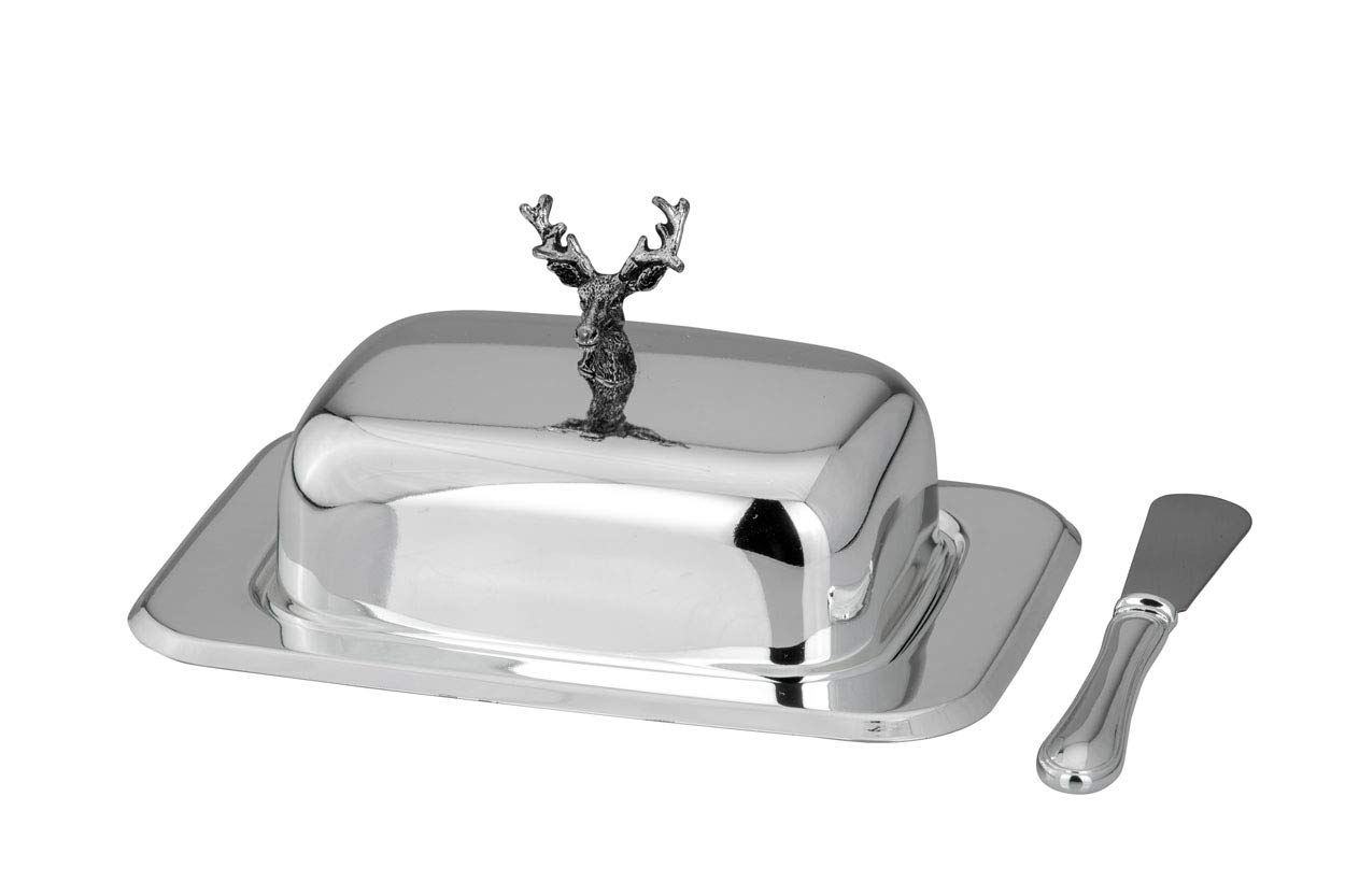 k/A Butterdose Hirsch versilbert mit Glaseinsatz und Messer 3lg. Set