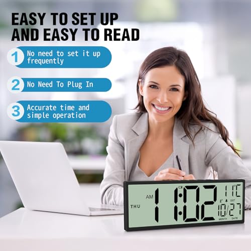 Image of XREXS 14.5 inch Digital Wall Clock Battery Operated with Big Digits LCD Screen Display, Large Display Timer with Temperature Date Week Auto DST, Alarm Clock for Classroom, Livingroom, Office
