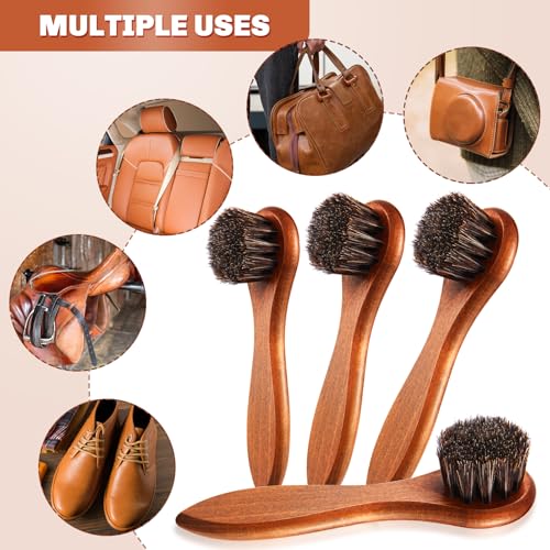 Image of 4 Pcs Horsehair Shine Shoes Brush Kit Polish Dauber Applicators Cleaning Leather Shoes Boots Care Brushes Suede Cleaner Brush with Microfiber Shoe Cloth(Brown Handle B)