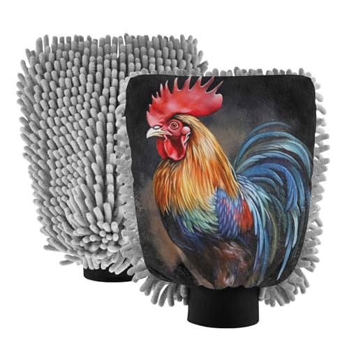 Flradish 2 Pack Roosters and Sunflowers Car Wash Mitt Chenille Microfiber Lint-Free Scratch Free Ultra-Soft Absorbent Car Wash Mitt 11.8x8.07 Inch