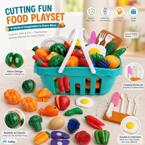Image of FunBlast Fruits & Vegetables Play Set Toys, 26 Pcs; Realistic Sliceable Cutting Pretend Play Kitchen Toys for Kids, Play Food Toys, Fruit Vegetable Toys, Chopping Board with Knife & Basket